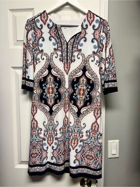 Studio One White Paisley Tunic with Black & Coral Accents